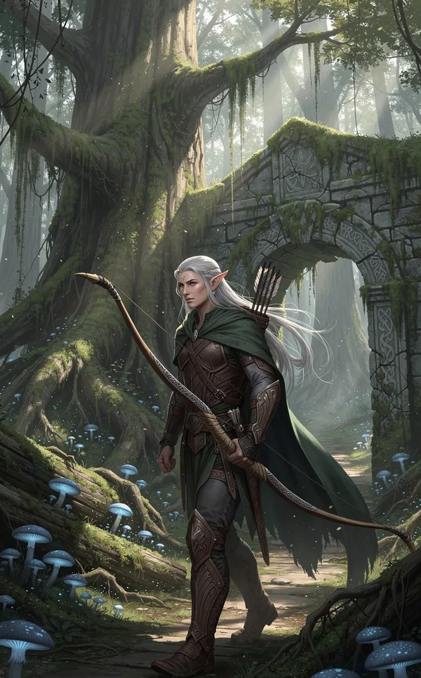 An elf with long silver hair in a green hooded cloak walking a misty forest path past giant trees and glowing blue mushrooms.