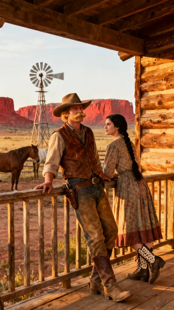 A rancher in a wide-brimmed hat and a woman in a calico dress leaning on a ranch house porch with horses and red mesas behind them.