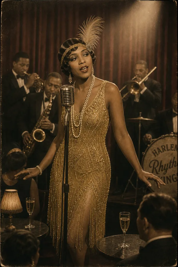 A jazz singer with black finger waves in a beaded gold dress singing on a 1920s club stage with a brass band behind her.