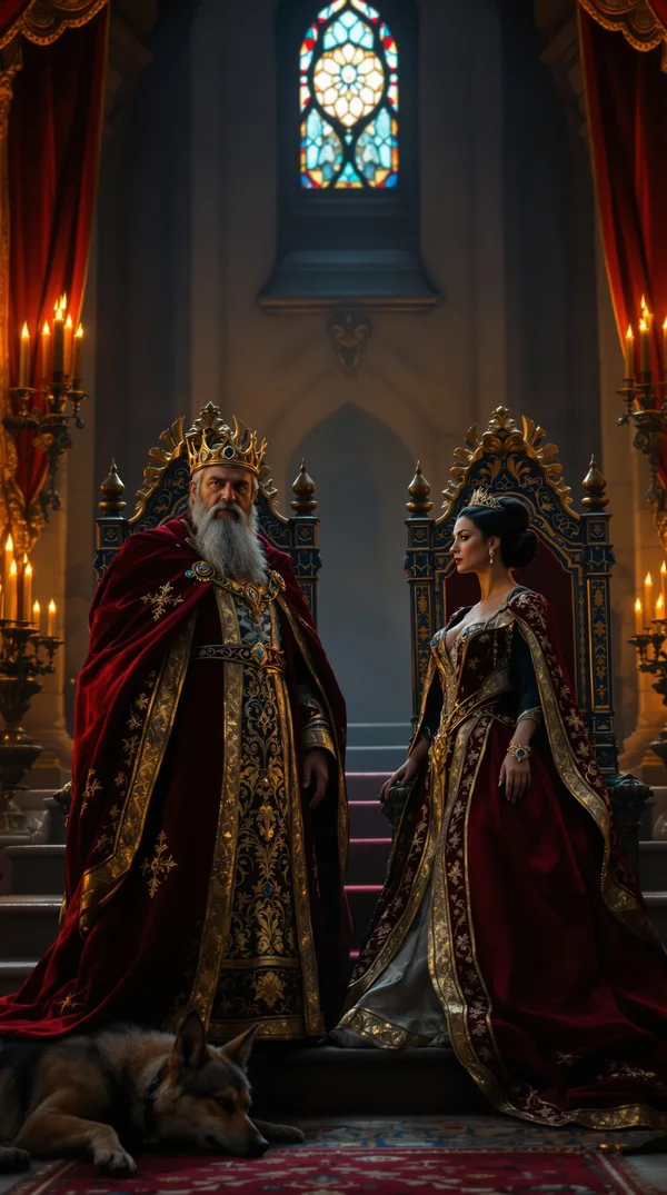 A king with a silver beard and a queen with a dark bun in velvet robes and crowns, standing before twin thrones in a torchlit hall.