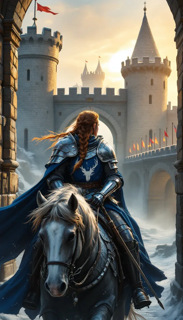 A knight with a copper braid in silver armor and a blue surcoat riding out of a castle gate at a misty sunrise.