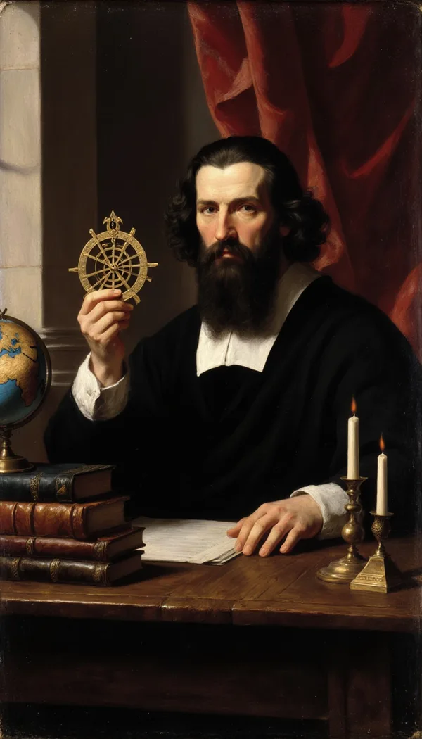 A bearded scholar holding a brass astrolabe at a desk of old books and a globe, painted like a Renaissance oil portrait.