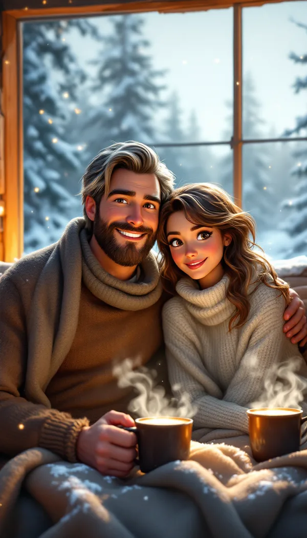 A couple in sweaters sharing mugs by a fire in a snowy log cabin