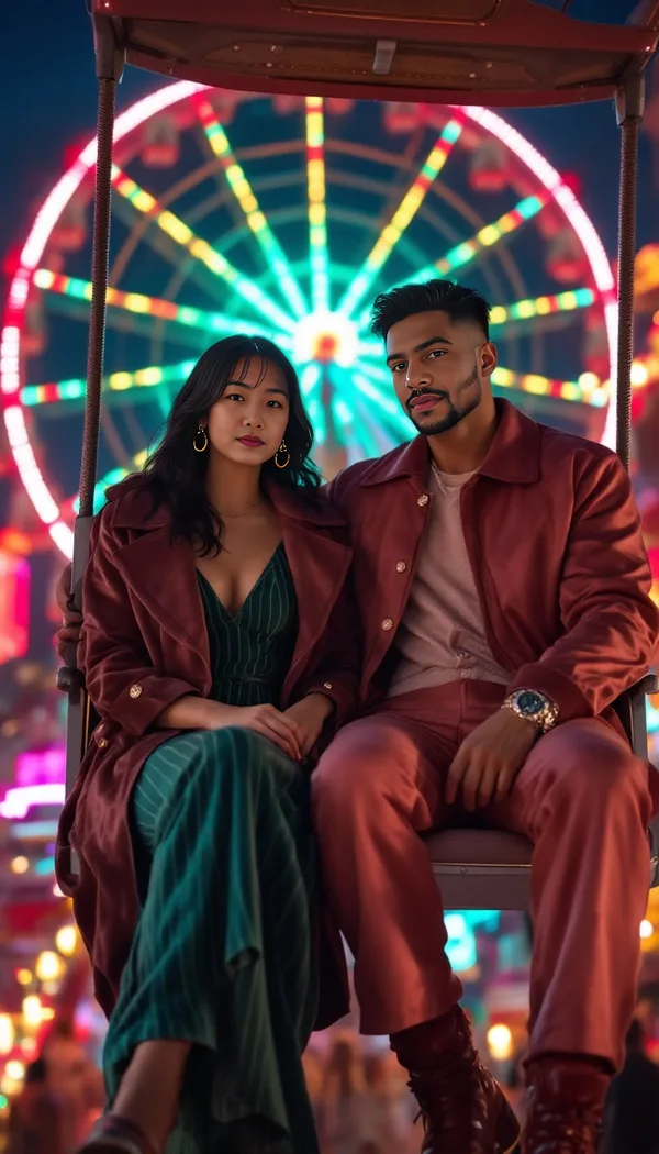 A couple sitting in a Ferris wheel seat with a neon carnival wheel glowing behind them
