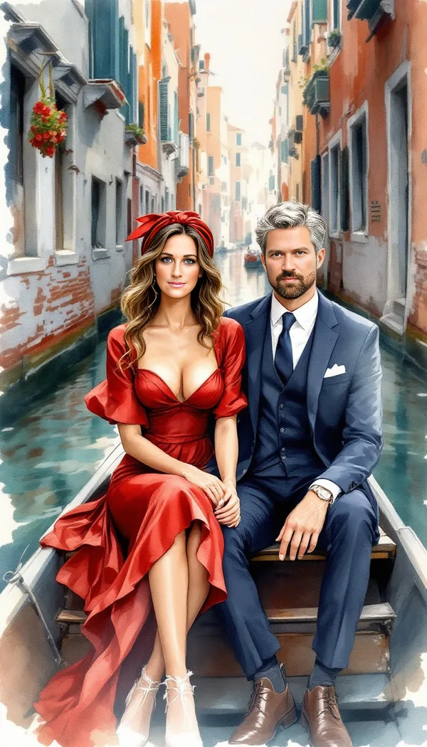 A couple sitting in a gondola on a Venice canal, the woman in a red dress, watercolor