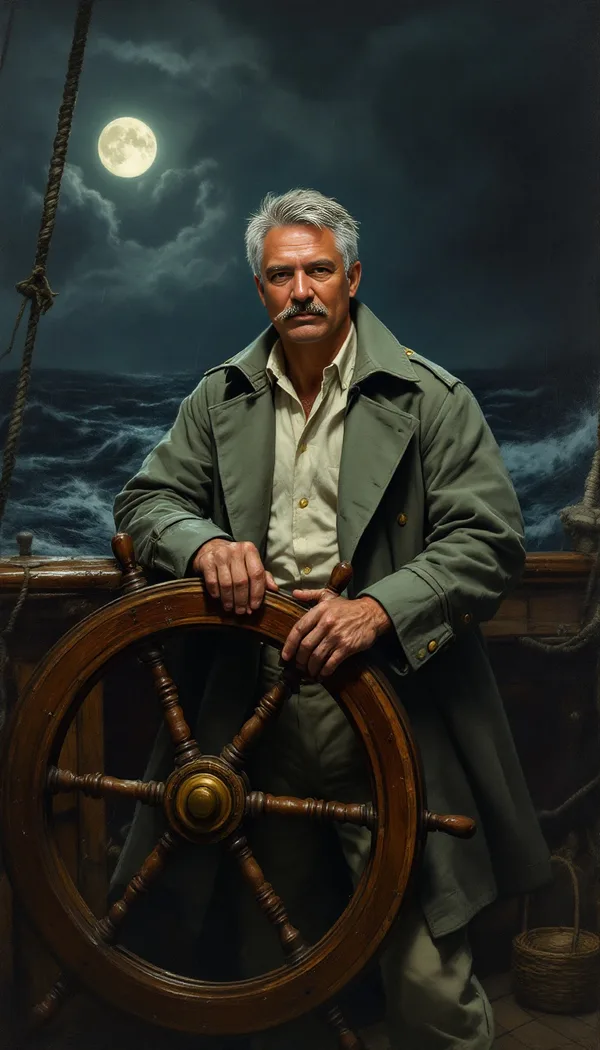 An older man as a sea captain at a ship's wheel under a stormy moonlit sky, painted