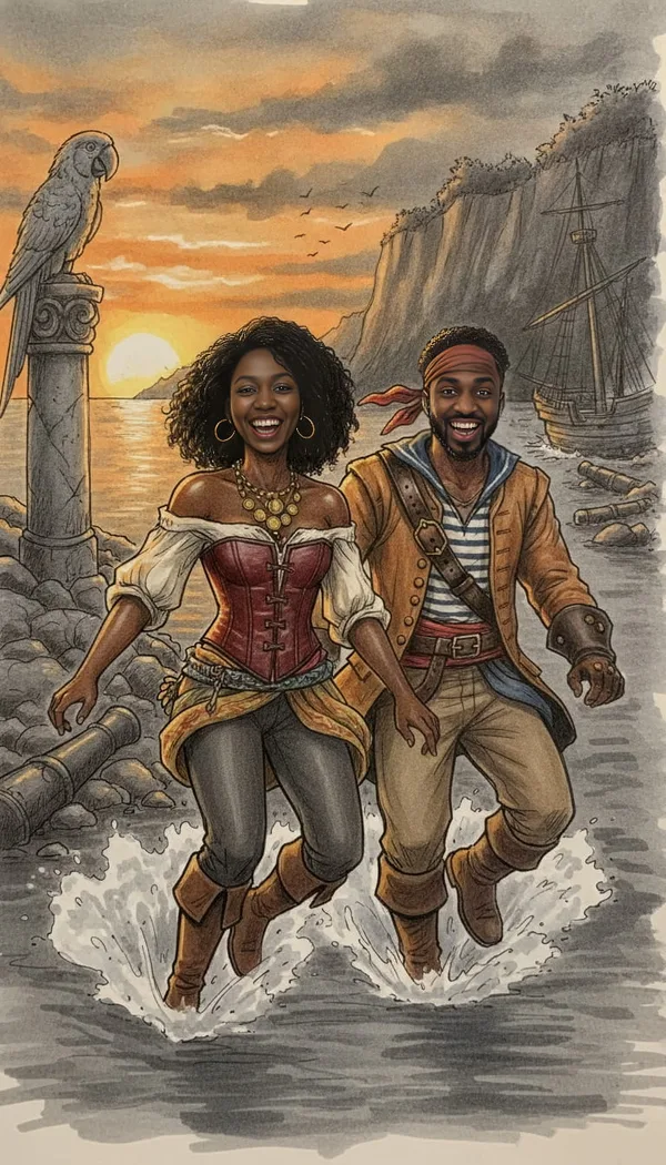 A laughing couple splashing through the surf of a pirate cove at sunset, marker drawing