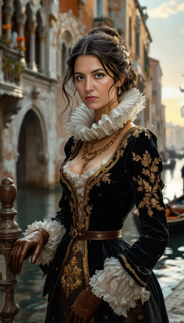A woman in a ruffled black and gold Renaissance gown beside a Venice canal