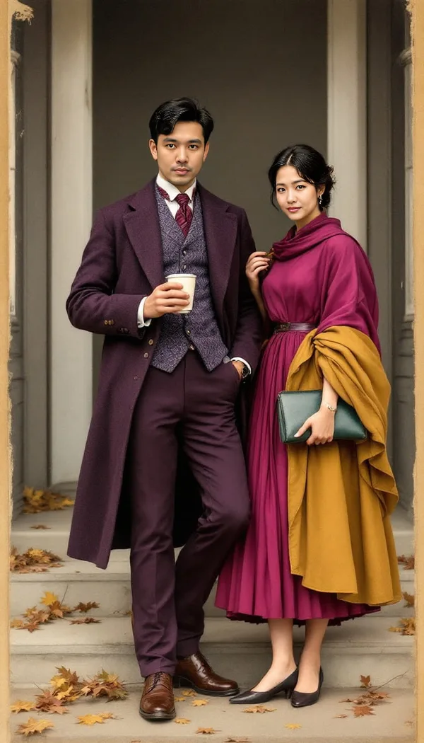 A couple in rich autumn tailoring on brownstone steps with fallen leaves, vintage print