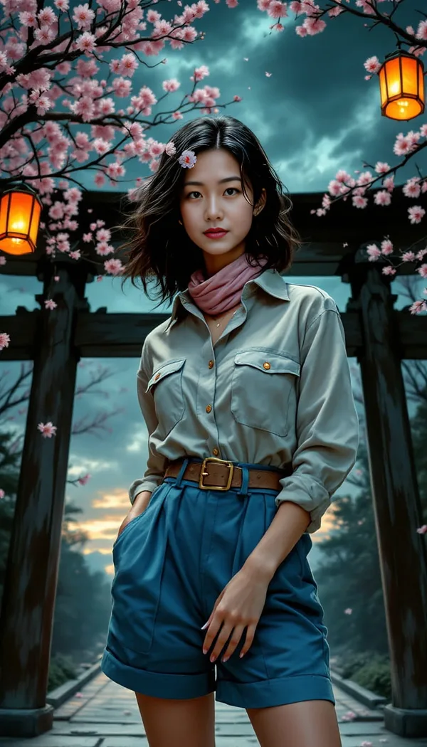 A woman under a cherry blossom gate with glowing lanterns, movie poster style