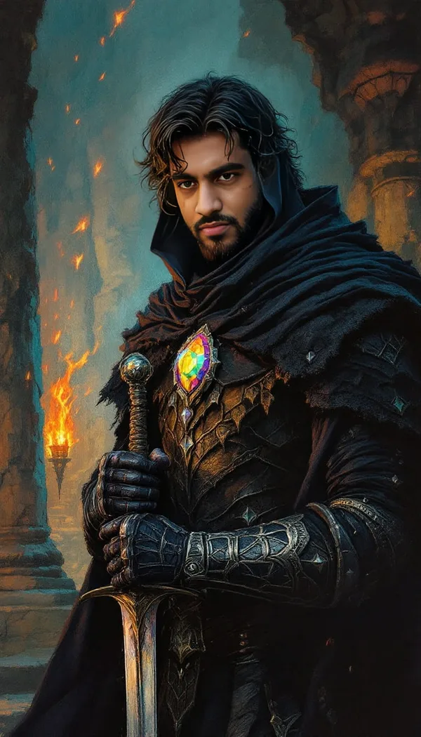 A man in dark armor holding a sword in a torchlit dragon's keep