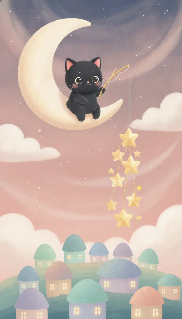 A black cat sitting on a crescent moon fishing for stars that hang on golden threads above a pastel village.