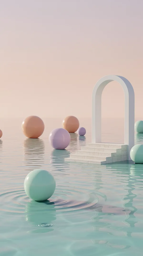 Glossy peach, lilac and mint spheres floating over a calm pastel sea beside a white arch and stone steps.