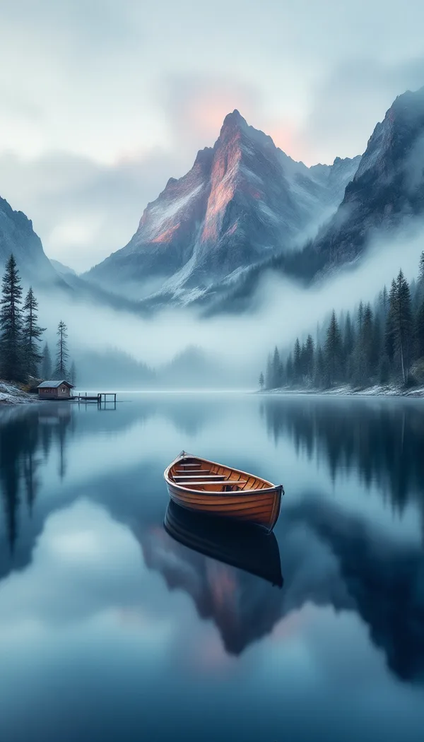 A wooden rowboat on a still mountain lake at dawn, with pine shores, a small dock and misty peaks touched with pink.