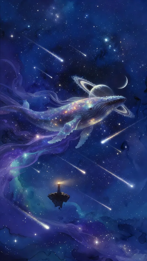 A giant glowing whale swimming through a starry sky with violet nebula, a ringed planet and a tiny lighthouse far below.