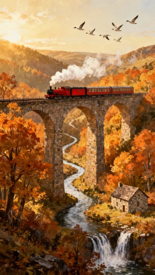 A red train puffing steam across a stone viaduct over a valley of autumn trees, with a river and a waterfall below.